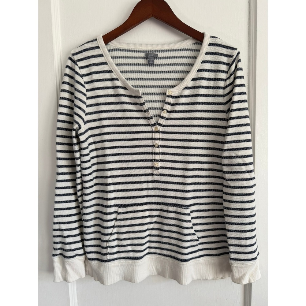Aerie Sweatshirt Women Large Henley Striped Kangaroo Pocket Blue White